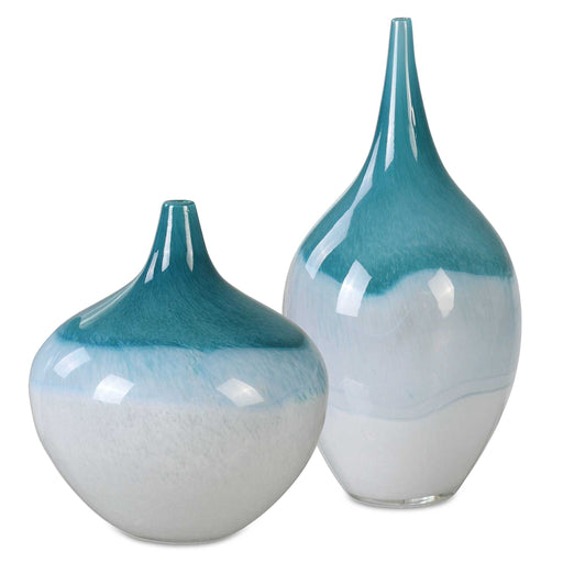 Set of two Uttermost Carla vases in white and teal with sleek, modern design, perfect for decorative display.