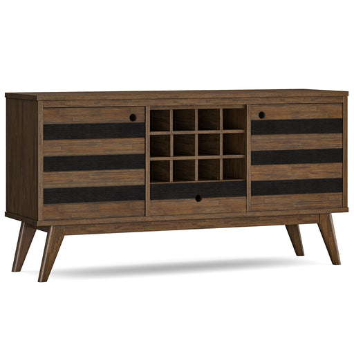Brown Simpli-Home Clarkson sideboard with storage, featuring sleek design and multiple compartments for organized living space.