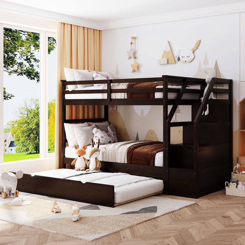 Twin Over Twin Bunk Bed With Twin Size Trundle And 3 Storage Stairs - Espresso - R&R Furniture Gallery (Fountain Valley, CA)