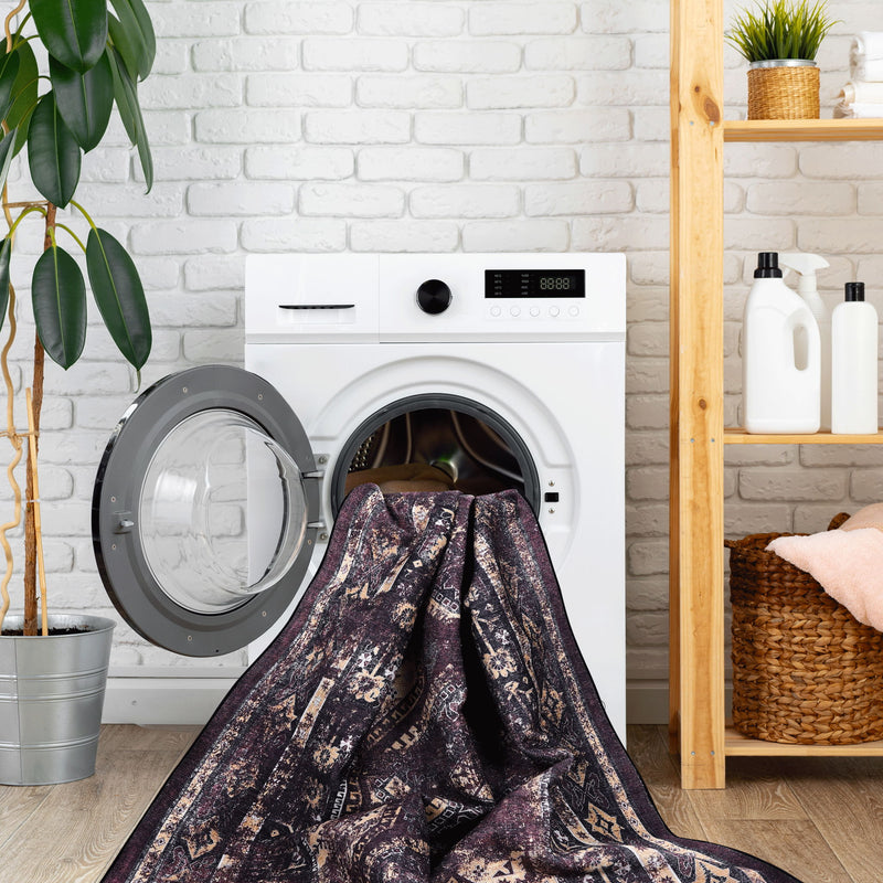 Maval - 5' X 8' Washable Area Rug - Black / Burgundy - R&R Furniture Gallery (Fountain Valley, CA)