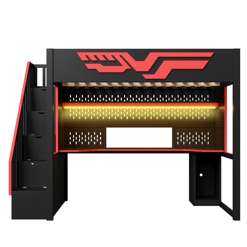 Full Gaming Loft Bed With Desk And Storage Staircase, LED Lights And USB - Red / Black - R&R Furniture Gallery (Fountain Valley, CA)