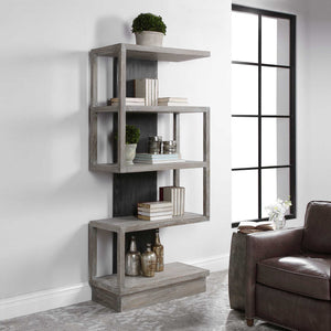 Modern pearl silver etagere by Uttermost with sleek metal shelves and a minimalist design for stylish storage.