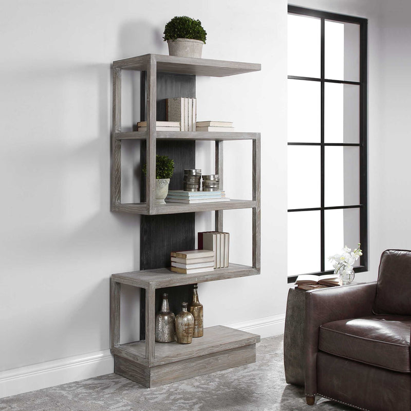 Modern pearl silver etagere by Uttermost with sleek metal shelves and a minimalist design for stylish storage.