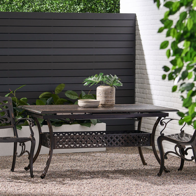 Outdoor Expandable Dining Table With Umbrella Holder, Lattice Pattern And Curved Legs - Black - R&R Furniture Gallery (Fountain Valley, CA)