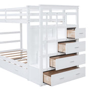 White DreamHaus twin over twin bunk bed with trundle and staircase, showing the sturdy staircase and space-saving design.