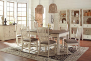 Set of two Bolanburg dining UPH side chairs by Signature Design by Ashley, with raked backs in brown and beige fabric.