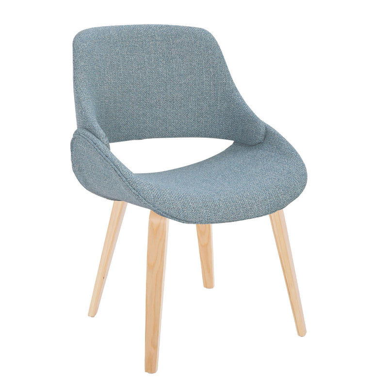 Lumi Source Fabrico mid-century modern dining chair set with natural bent wood legs, available in blue, cream, or camel upholstery.