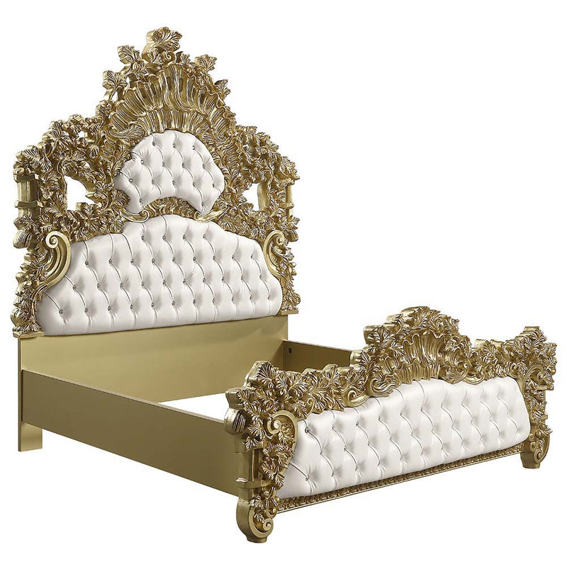 Bernadette - Eastern King Bed - White Synthetic Leather Fabric & Gold - R&R Furniture Gallery (Fountain Valley, CA)