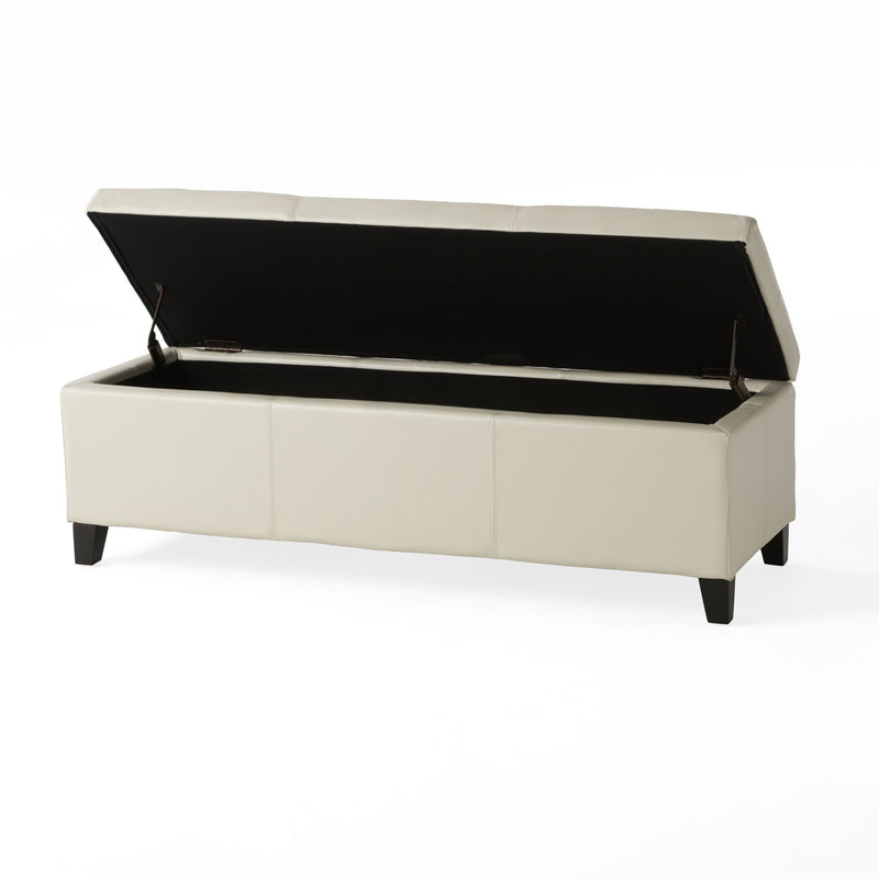 Contemporary Noble House Glouster storage ottoman with cushioned top and hidden storage compartment in a modern living room setting.
