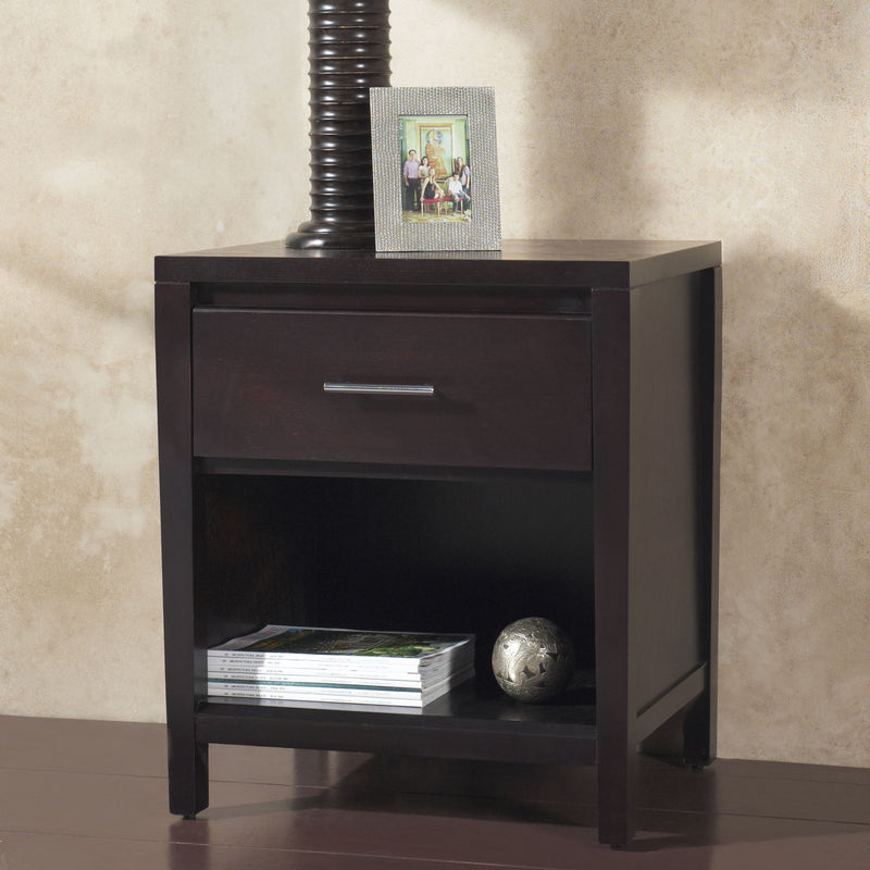Modus Nevis One Drawer Nightstand in espresso finish with a sleek design and a single drawer, shown from a front view.