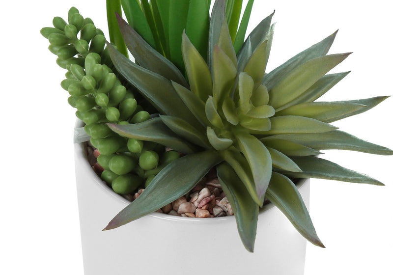 Set of 2 artificial succulent plants from 8th Street, realistic green faux plants in small decorative pots.