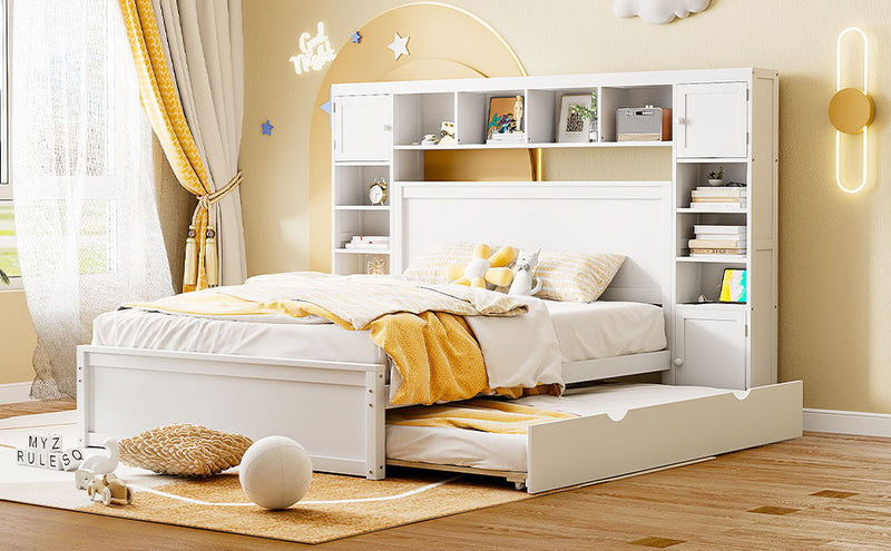 DreamHaus twin long trundle cabinet bed with integrated shelves, sockets, and storage cabinet in a modern bedroom setting.