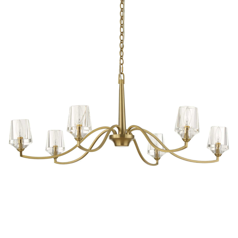 Uttermost Barcelona 6-light brass chandelier with gold finish, featuring elegant curved design and six light fixtures.