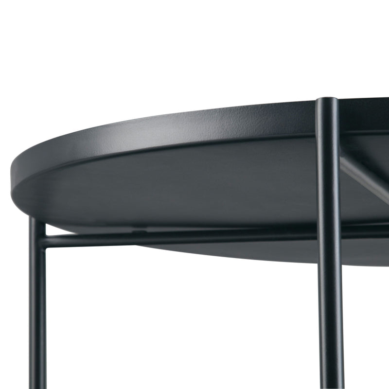 Simpli-Home Monet handcrafted coffee table with wooden top and metal legs, modern design for living room decor.
