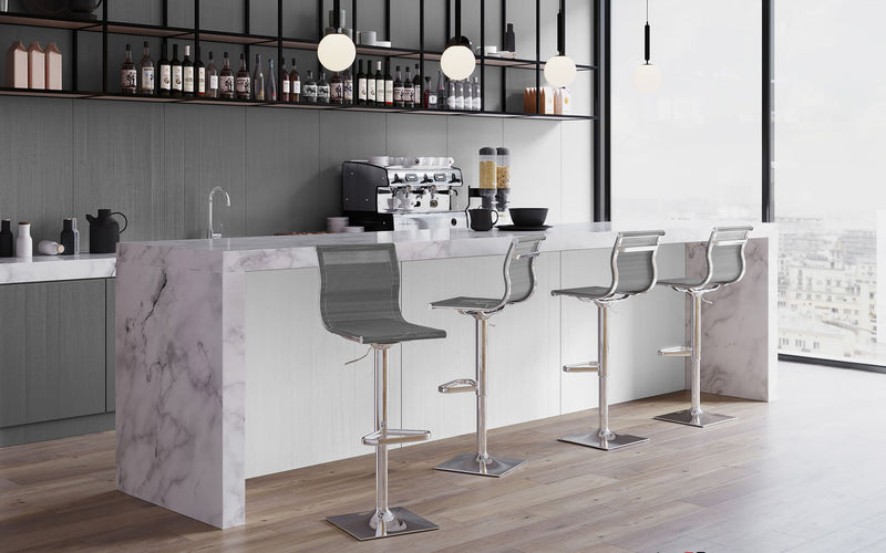 Lumi Source Mirage contemporary adjustable barstool with swivel, bar height 28-30 inches, featuring a modern design and cushioned seat.
