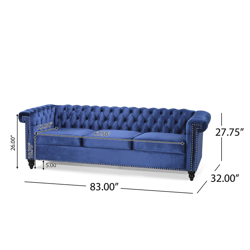 Noble House Chesterfield style 3-seater sofa with deep button tufting and classic stationary design in neutral fabric.