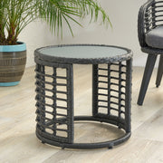 Achill - Outdoor Modern Boho Wicker Side Table With Glass Top - Gray - R&R Furniture Gallery (Fountain Valley, CA)