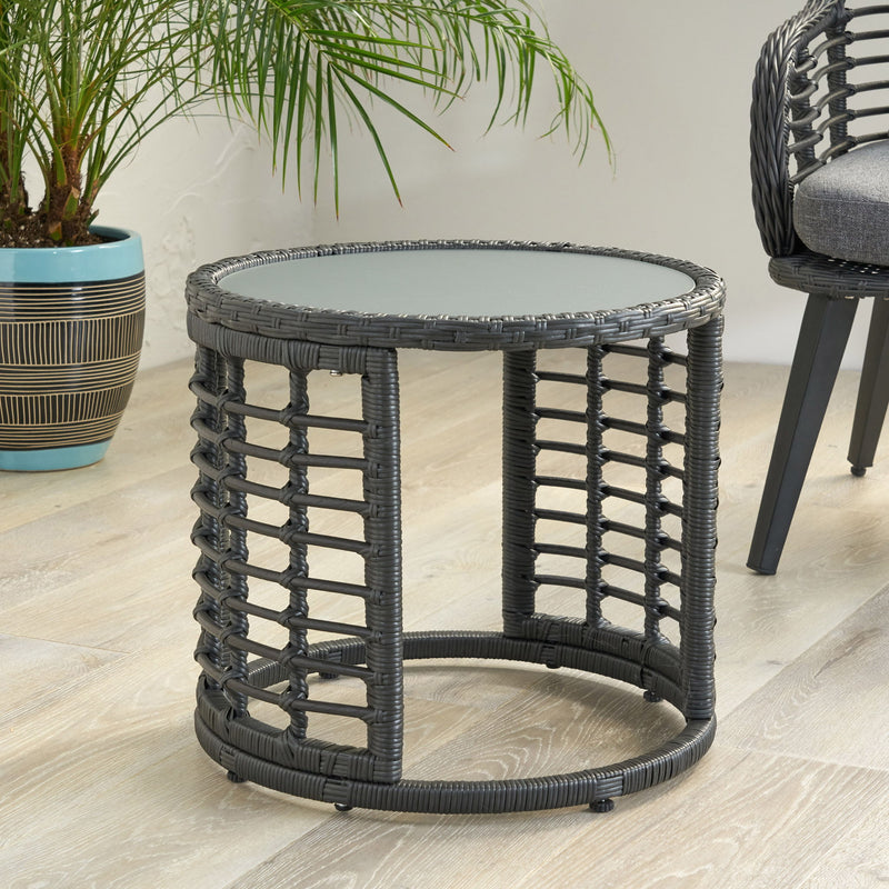 Achill - Outdoor Modern Boho Wicker Side Table With Glass Top - Gray - R&R Furniture Gallery (Fountain Valley, CA)