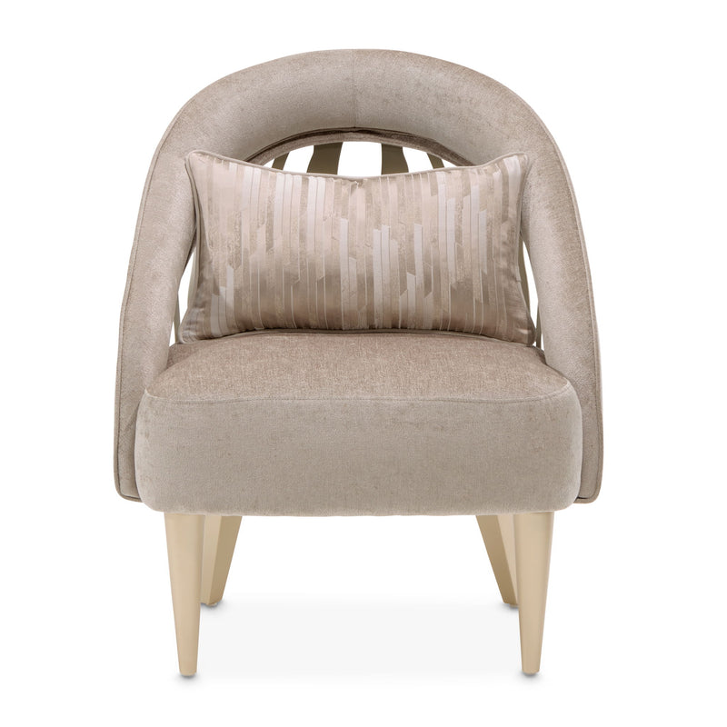 Michael Amini La Rachelle Flame Chair, elegant accent chair with intricate flame design upholstery and wooden legs.