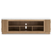 Signature Design by Ashley Camdill XL TV stand with fireplace option in light brown wood finish, showcasing ample storage and a modern design.