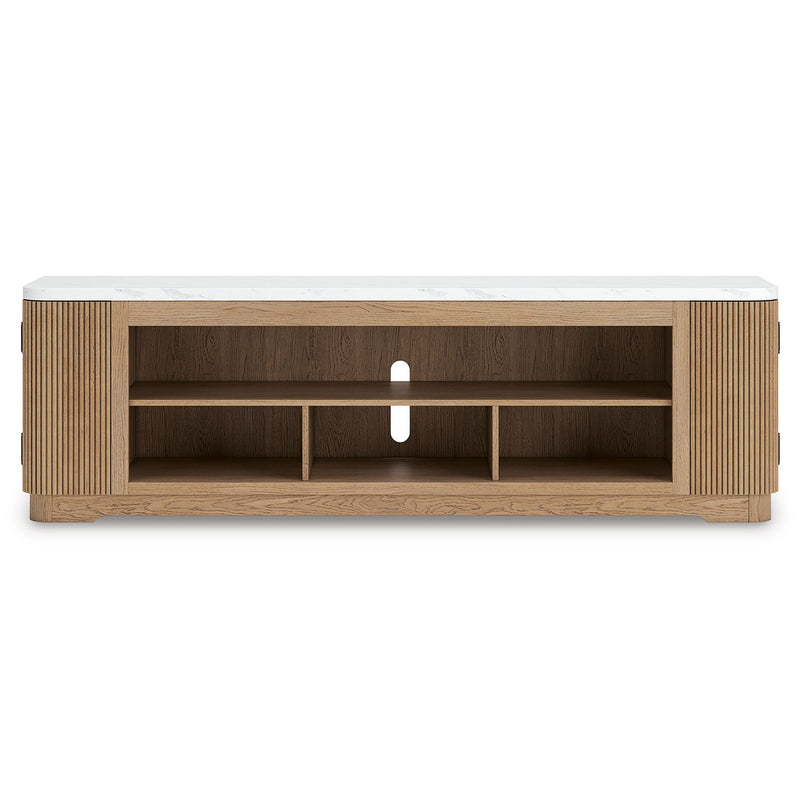 Signature Design by Ashley Camdill XL TV stand with fireplace option in light brown wood finish, showcasing ample storage and a modern design.