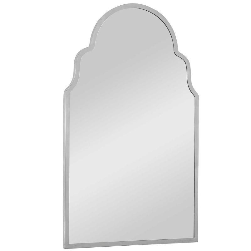 Uttermost Brayden arch wall mirror with nickel finish, featuring a sleek, modern design and a curved frame for stylish wall decor.