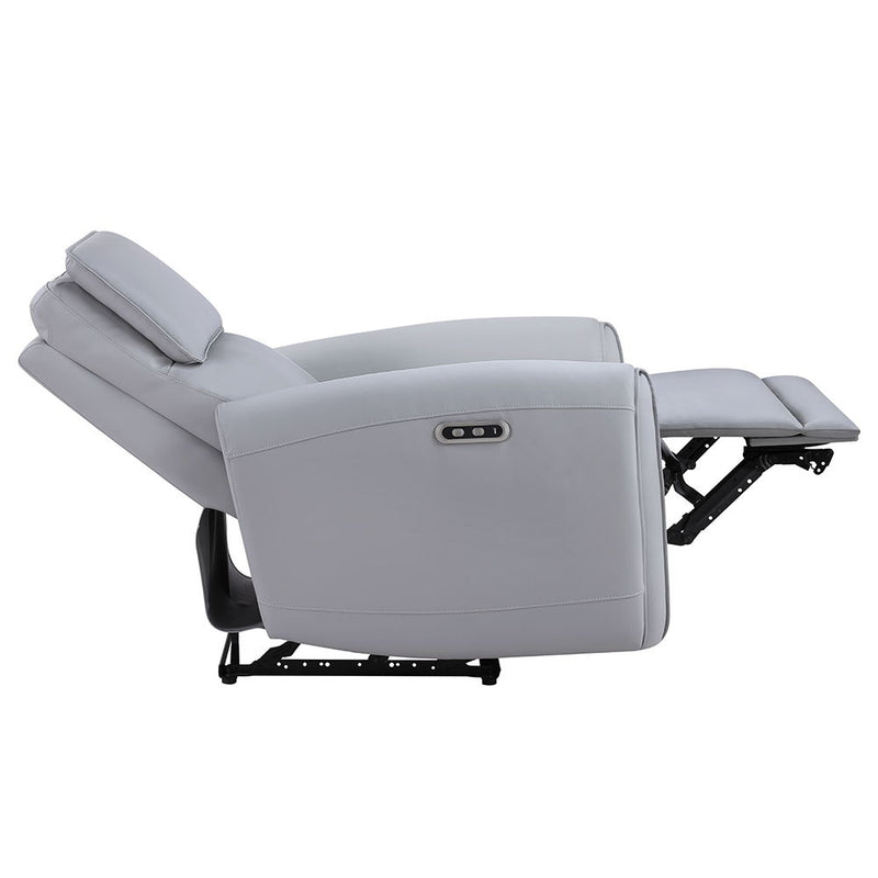 Gray synthetic leather ACME Jeromie power motion recliner with USB port, showing plush cushioning and reclining features.