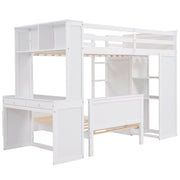 DreamHaus loft bed with built-in stand-alone bed, shelves, desk, and wardrobe in a modern design, showcasing the multi-functional furniture.