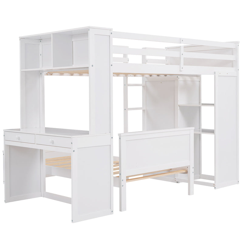 DreamHaus loft bed with built-in stand-alone bed, shelves, desk, and wardrobe in a modern design, showcasing the multi-functional furniture.