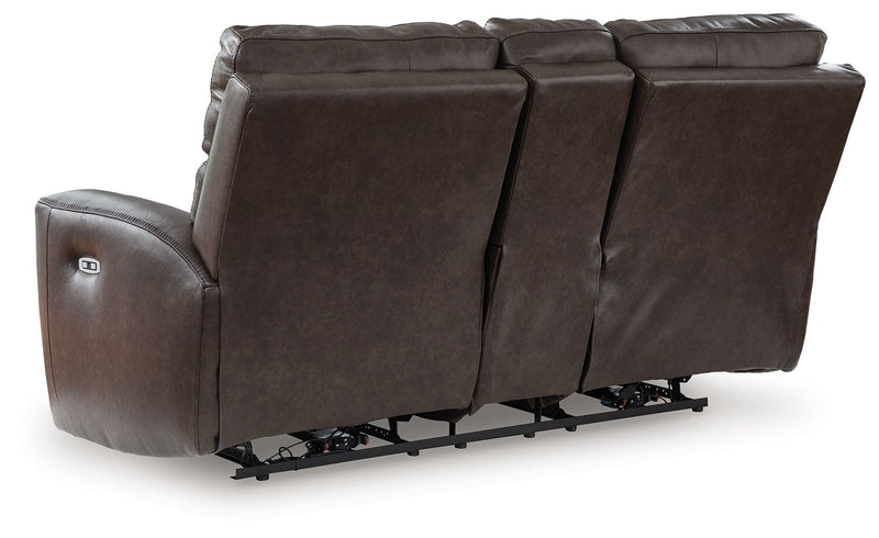 Crossplex - Power Reclining Loveseat / Console / Adjustable Headrest - Smoke - R&R Furniture Gallery (Fountain Valley, CA)