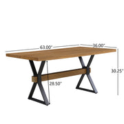 Brown farmhouse style dining table with X-shaped legs and molded details by Noble House, showcasing a sturdy wooden surface.
