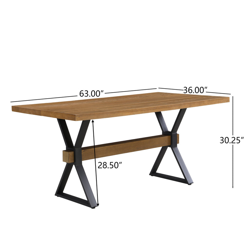 Brown farmhouse style dining table with X-shaped legs and molded details by Noble House, showcasing a sturdy wooden surface.