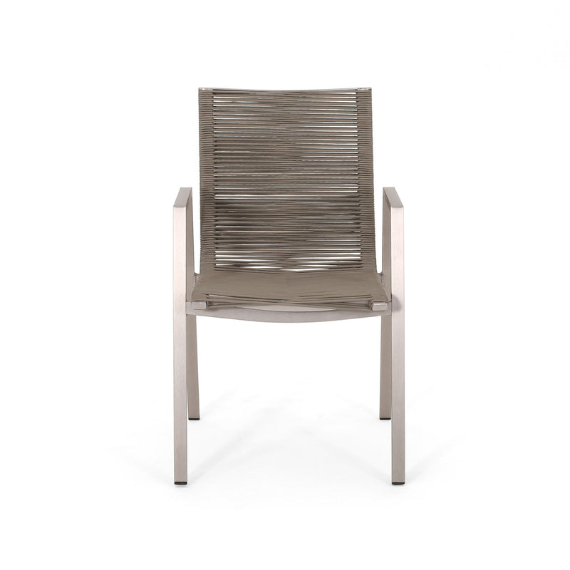 Modern outdoor aluminum dining chair set with rope sea design by Noble House, featuring two stylish and durable chairs for outdoor dining.