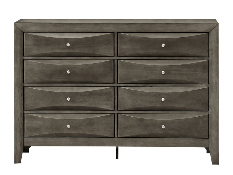 Glory Furniture Marilla dresser with four drawers, dark wood finish, and sleek modern design in a contemporary bedroom setting.