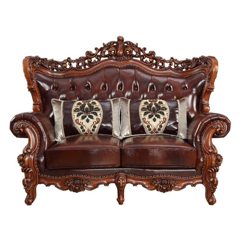 Eustoma - Loveseat - Cherry Top Grain Leather Match & Walnut - R&R Furniture Gallery (Fountain Valley, CA)