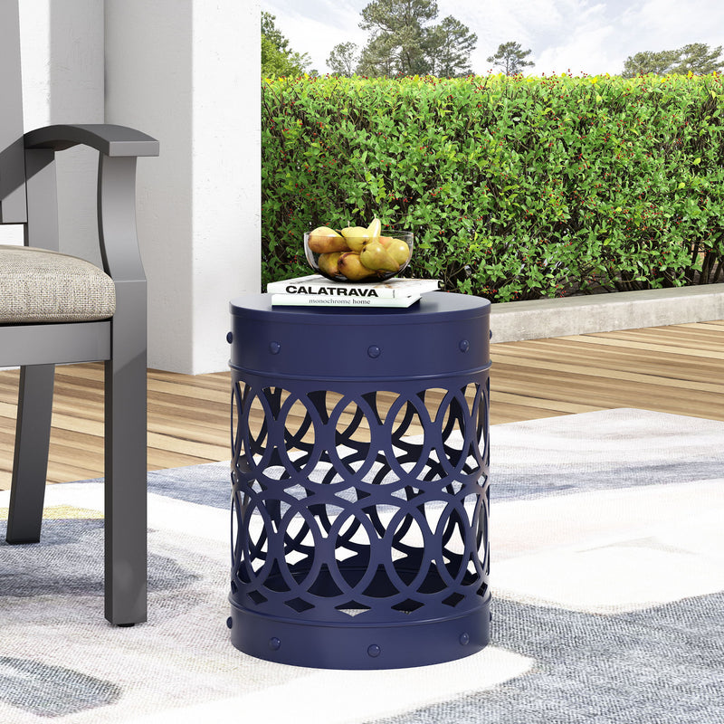 Large outdoor metal end table by Noble House with modern design, featuring a sleek, sturdy frame and spacious surface for outdoor use.