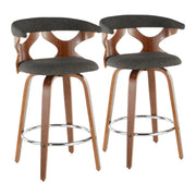 Set of two Lumi Source Gardenia mid-century modern counter stools with wooden legs and cushioned seats.