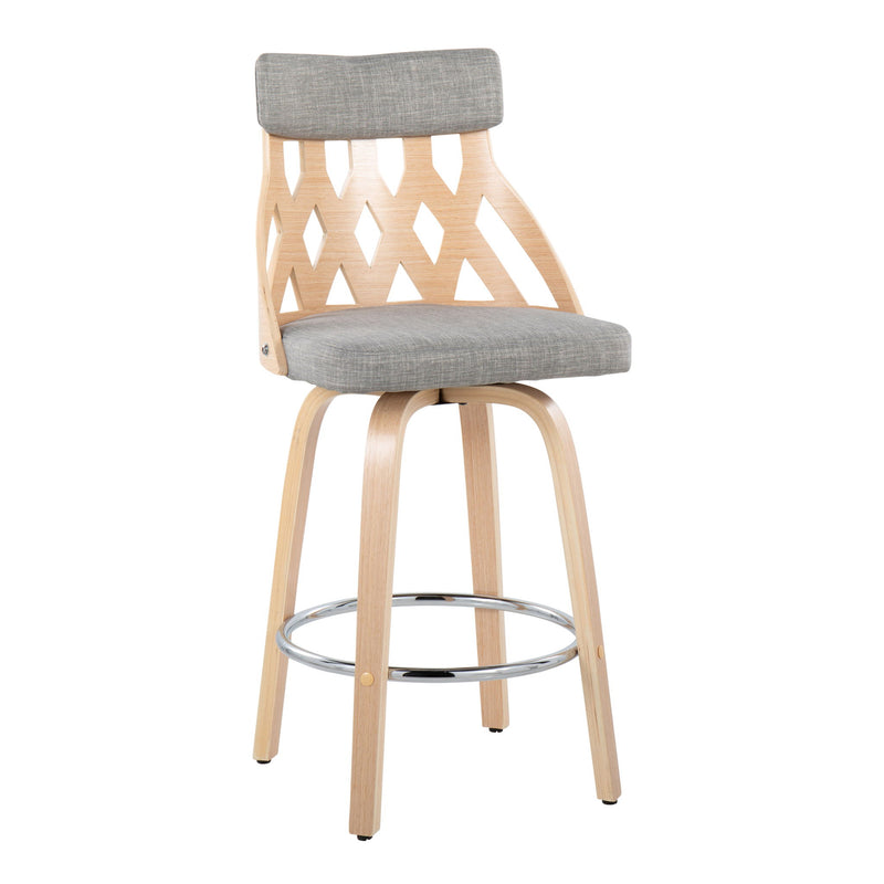 Lumi Source York mid-century modern counter stool with natural wood finish and light gray upholstered seat, 24-27 inch height.