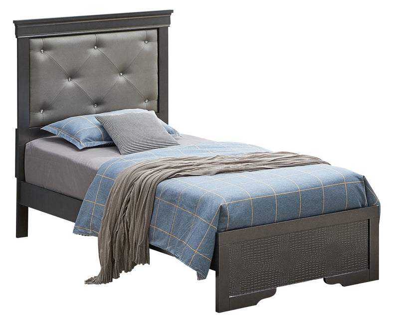 Upholstered Lorana bed by Glory Furniture with a plush headboard and stylish frame in a cozy bedroom setting.
