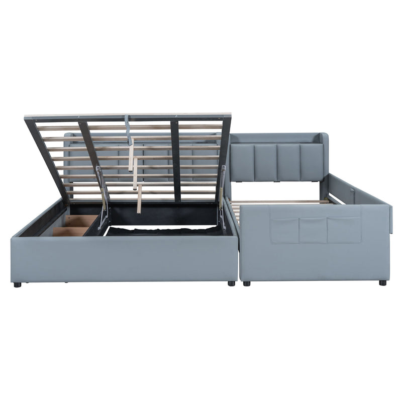 Upholstered Mother & Child Bed With Hydraulic Storage System, Drawer Box, Bedhead Storage Shelf And 2 Pairs Of Sockets & USB Ports - R&R Furniture Gallery (Fountain Valley, CA)