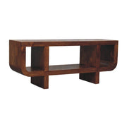 Artisan Furniture Orion curved media unit in brown with open shelves and storage compartments, designed for TV and media devices.