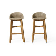 Set of two Noble House Beeson outdoor wicker and acacia wood barstools with water-resistant brown finish, featuring slatted seats and sturdy frames.