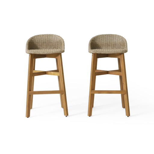 Set of two Noble House Beeson outdoor wicker and acacia wood barstools with water-resistant brown finish, featuring slatted seats and sturdy frames.