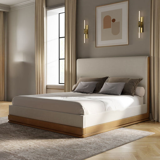 ACME Zoey upholstered bed with padded headboard and fabric upholstery, showcasing a modern and stylish bedroom centerpiece.