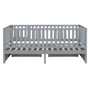 DreamHaus storage daybed with fence guardrails, two drawers, split into independent floor bed and daybed, in a modern bedroom setting.