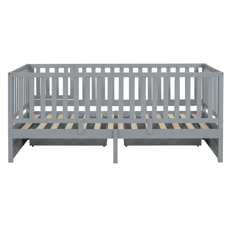 DreamHaus storage daybed with fence guardrails, two drawers, split into independent floor bed and daybed, in a modern bedroom setting.