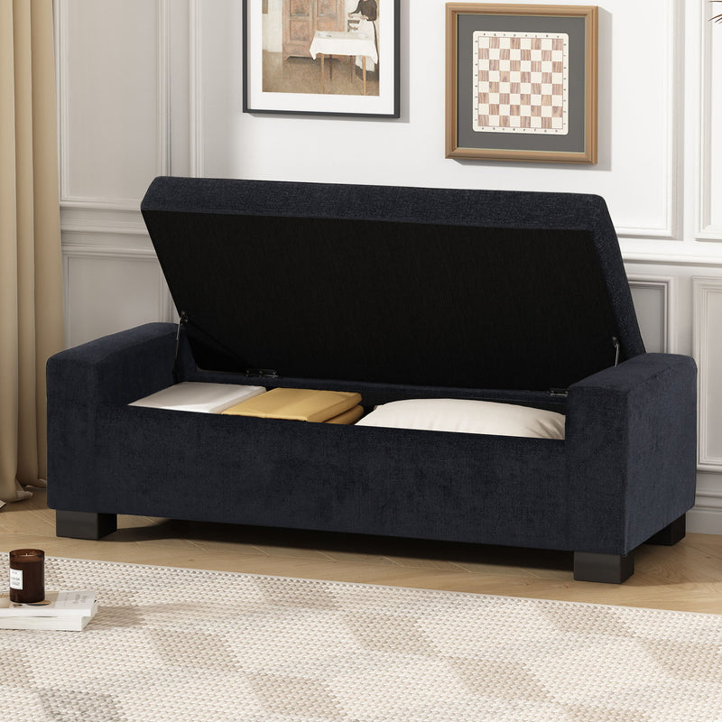 Noble House textured fabric ottoman bench with hinged lid, featuring a soft upholstered surface and wooden legs.