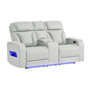 Julian - Power Console Reclining Loveseat, LED & Speaker - Silver