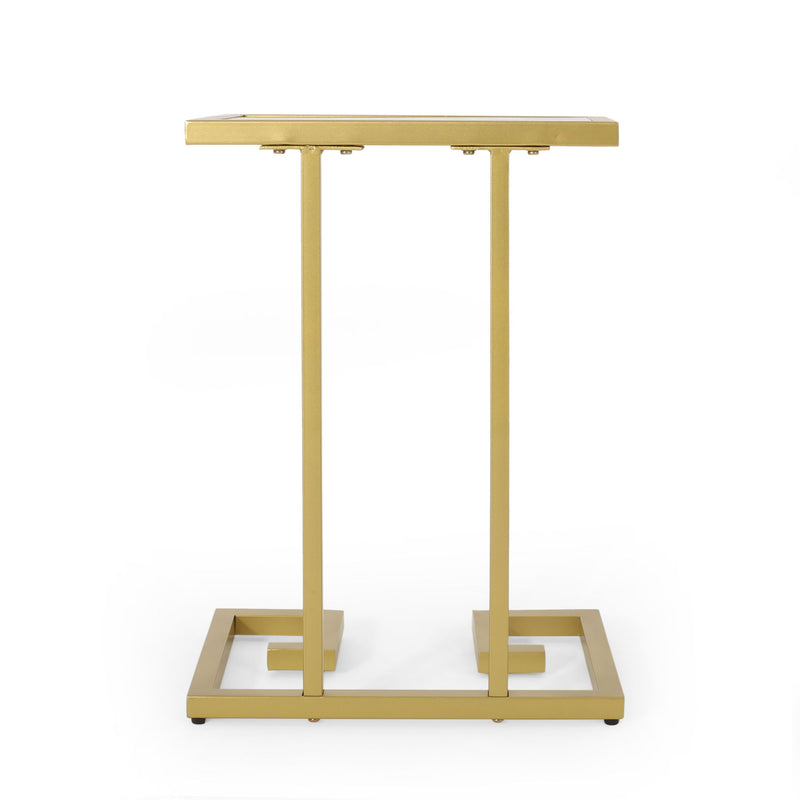 Modern Glam C-shaped end table with gold finish and tempered glass top, ideal as a stylish chair side table by Noble House.