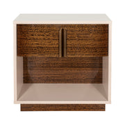 Michael Amini Pavira accent nightstand with wood finish, featuring a sleek design and drawer handles for bedroom decor.